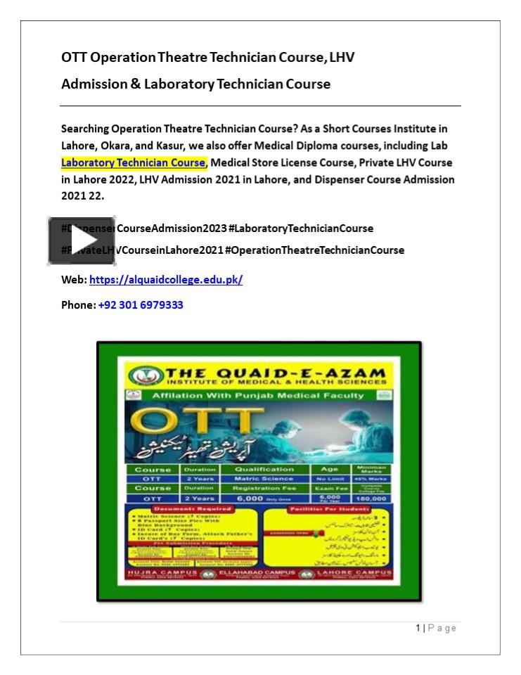 PPT OTT Operation Theatre Technician Course, LHV Admission & Laboratory Technician Course