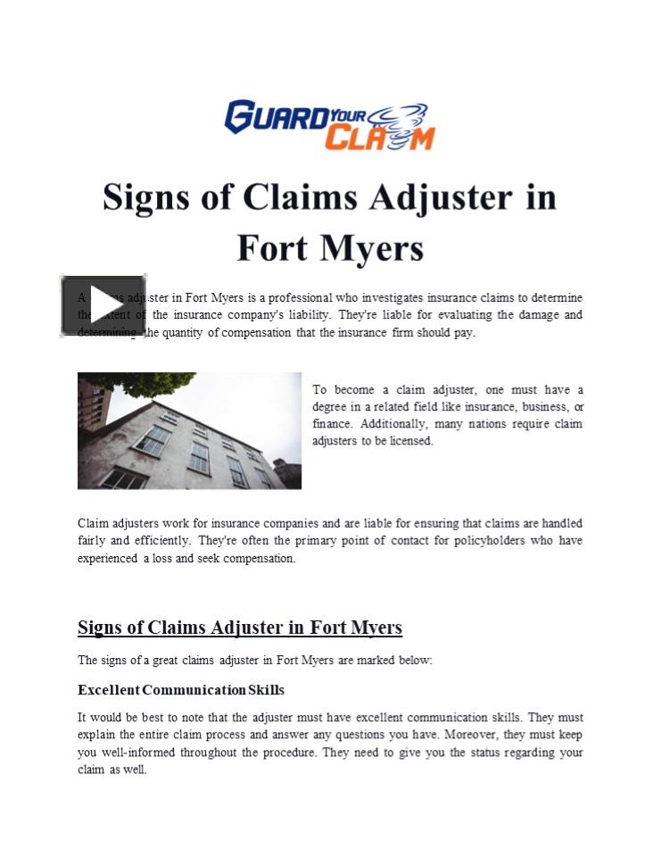 PPT Signs of Claims Adjuster in Fort Myers PowerPoint presentation