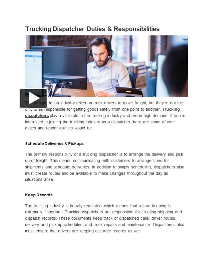 PPT Trucking Dispatcher Duties & Responsibilities PowerPoint presentation free to download
