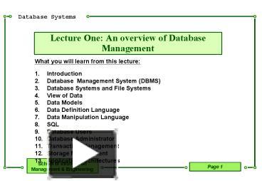 Lecture One: An overview of Database Management presentation | free to view