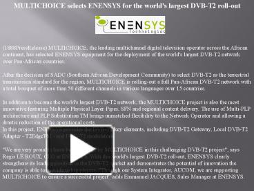 MULTICHOICE selects ENENSYS for the world's largest DVB-T2 roll-out ...