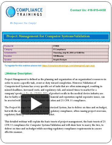 PPT – Webinar On Project Management for Computer Systems Validation ...