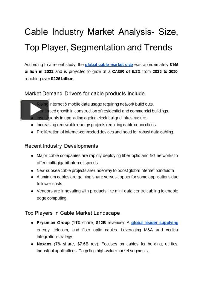 Cable Industry Market Analysis- Size, Top Player, Segmentation and ...