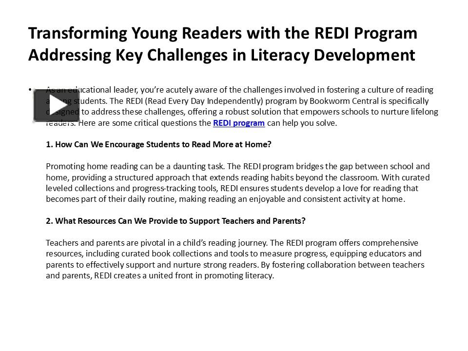 Bookworm Central Transforming Young Readers with the REDI Program ...