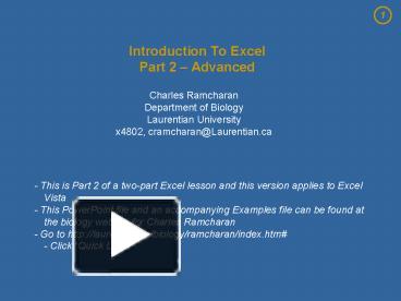 PPT – Introduction To Excel Part 2 Advanced PowerPoint presentation ...